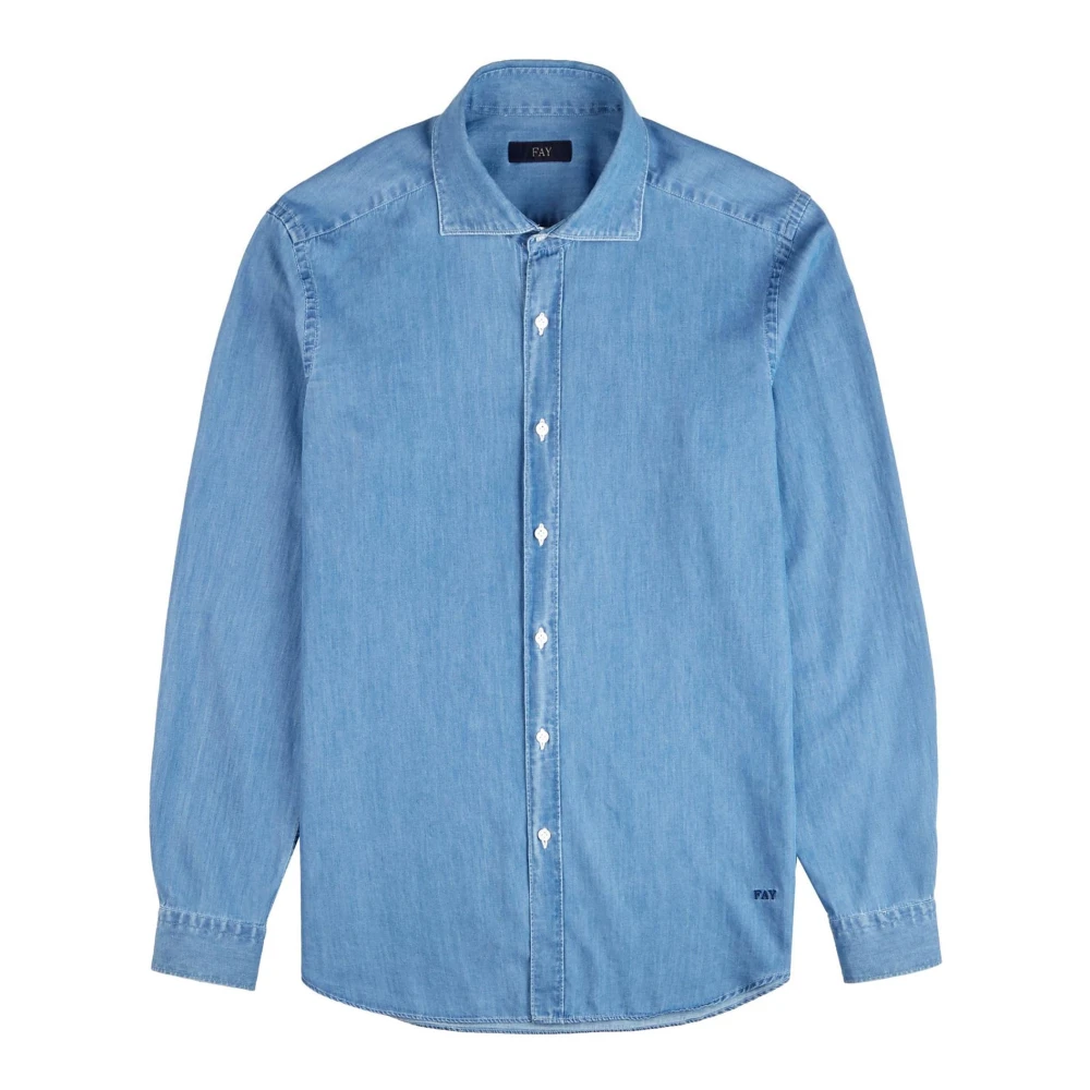 Fay Blauw Chambray Geborduurd Logo Overhemd Blue Heren