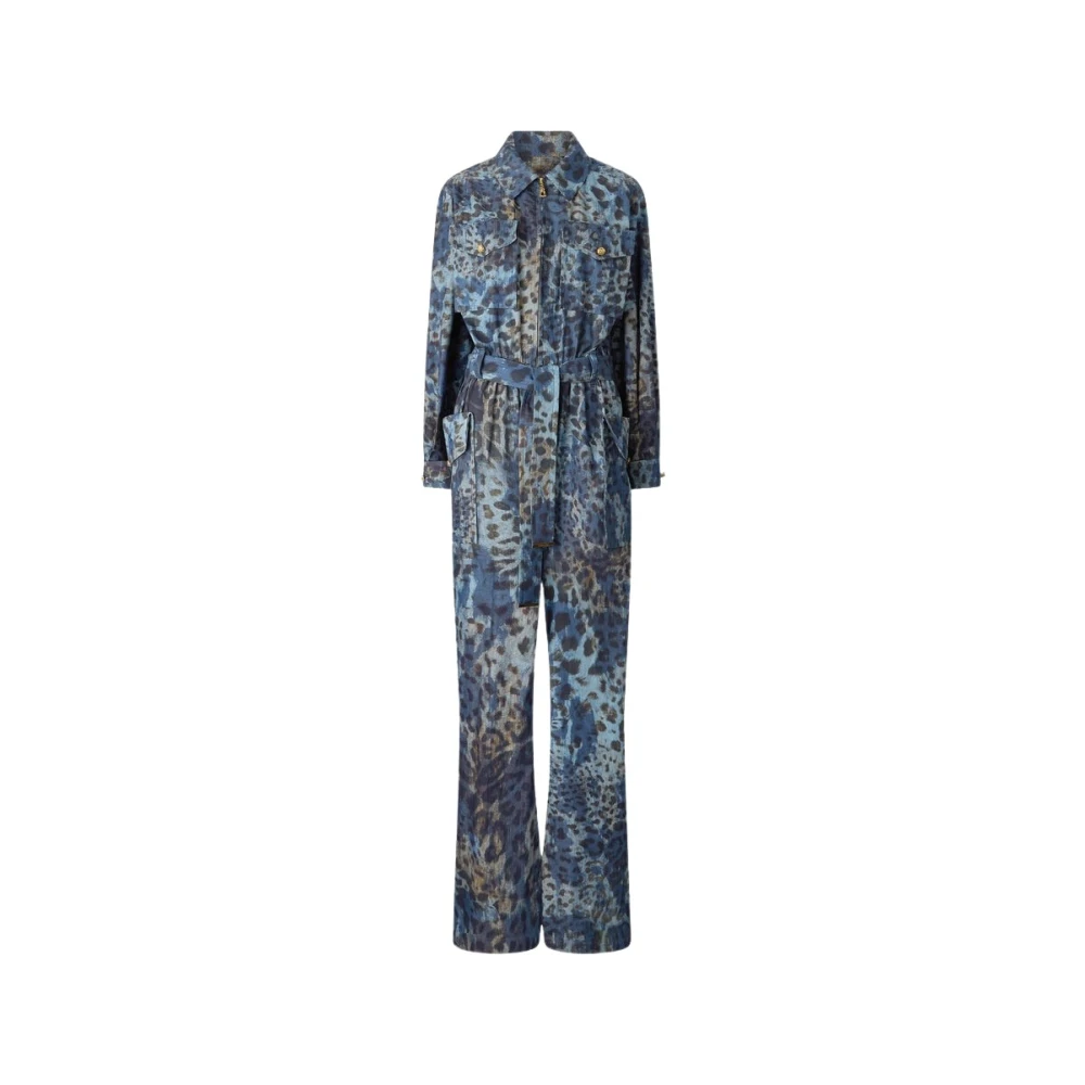 Roberto Cavalli Blue Jumpsuits, Female, M, Leopard Print Cotton Jumpsuit