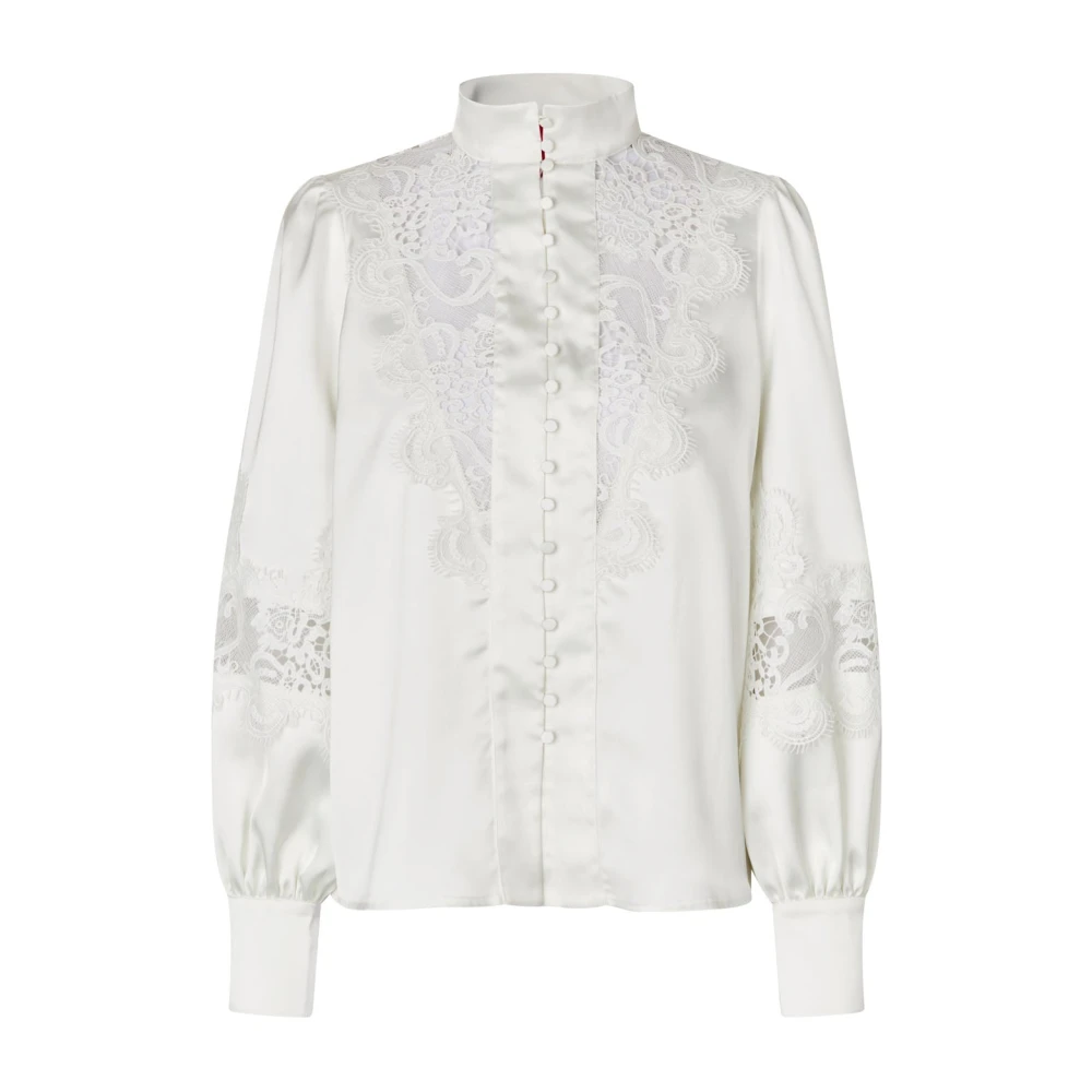 Cras Feminine Satijnen Blouse met Kantdetails White Dames