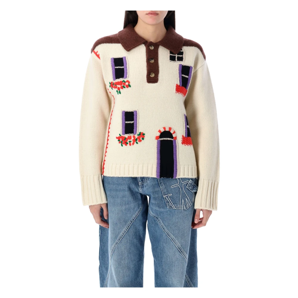 JW Anderson Intarsia Polo Sweater Flax Ss25 Brown Dames