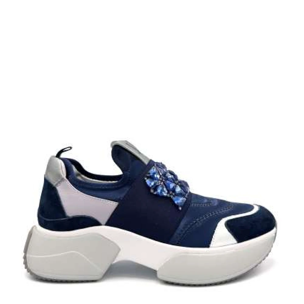 Jeannot Blauwe Satijnen Sneaker met Strass Dames Schoenen