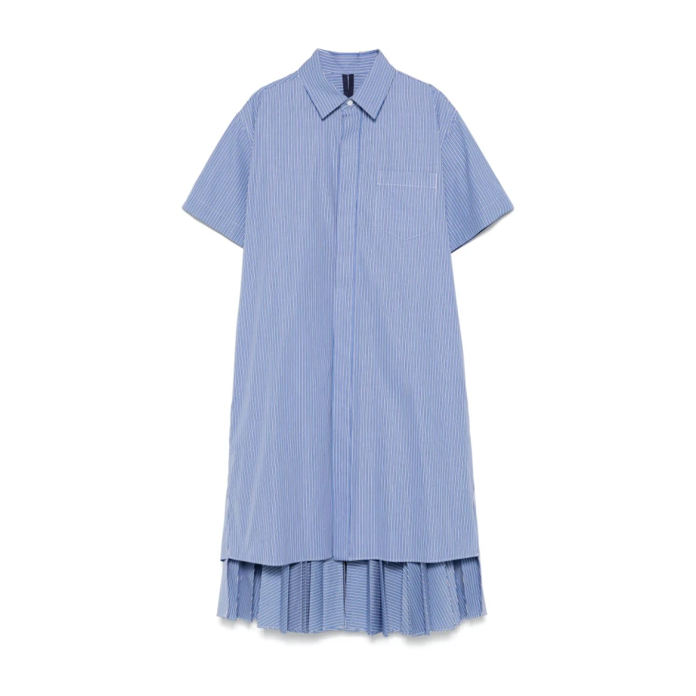 Sacai Blauwe Gestreepte Overhemdjurk met Geplooid Paneel Blue Dames
