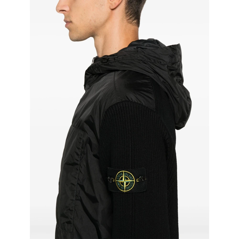 Stone Island Zwarte jas met gebreide inzetstukken Black Heren