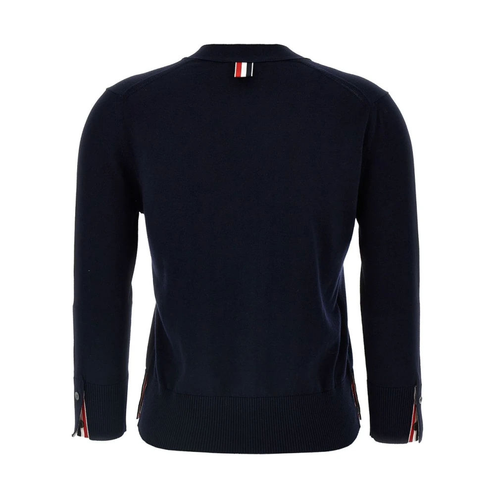 Thom Browne Blauwe V-hals trui met kenmerkende strepen Blue Dames