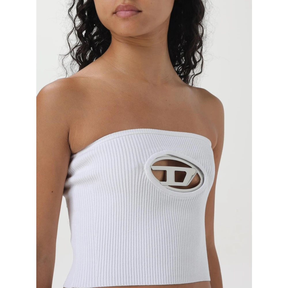 Diesel Witte Geribbelde Stretch Top met Ovaal Logo White Dames