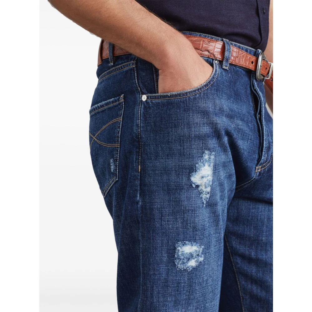 BRUNELLO CUCINELLI Blauwe Distressed Katoenen Broek Blue Heren