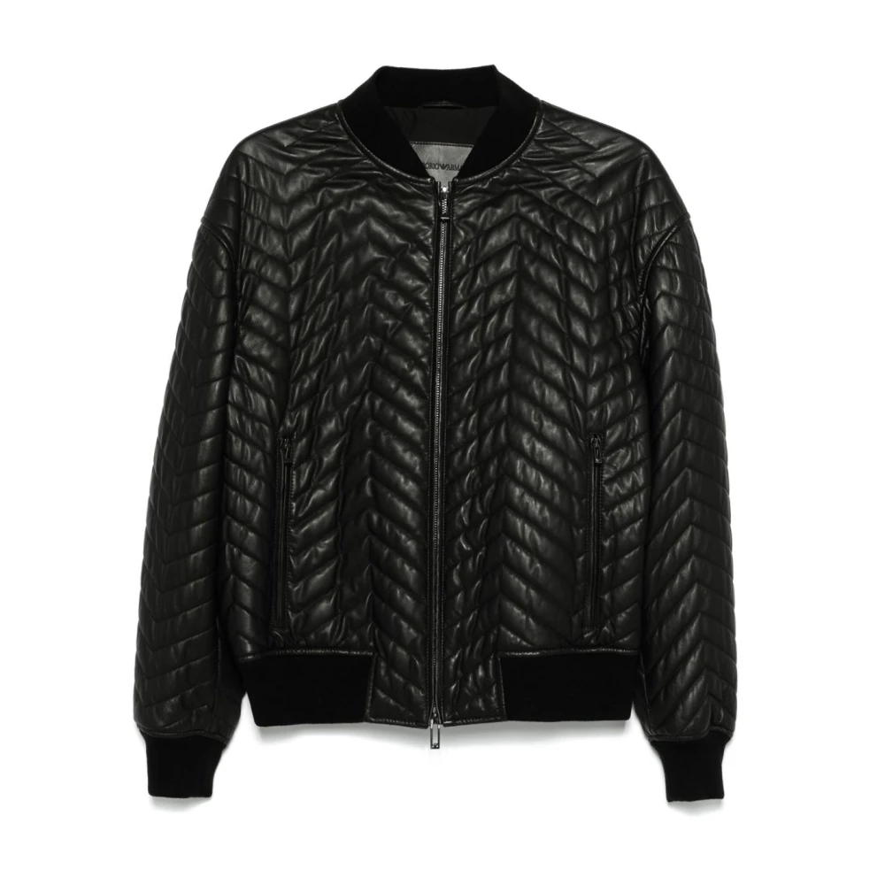 Emporio Armani Zwarte rits-voor baseball kraag jas Black Heren