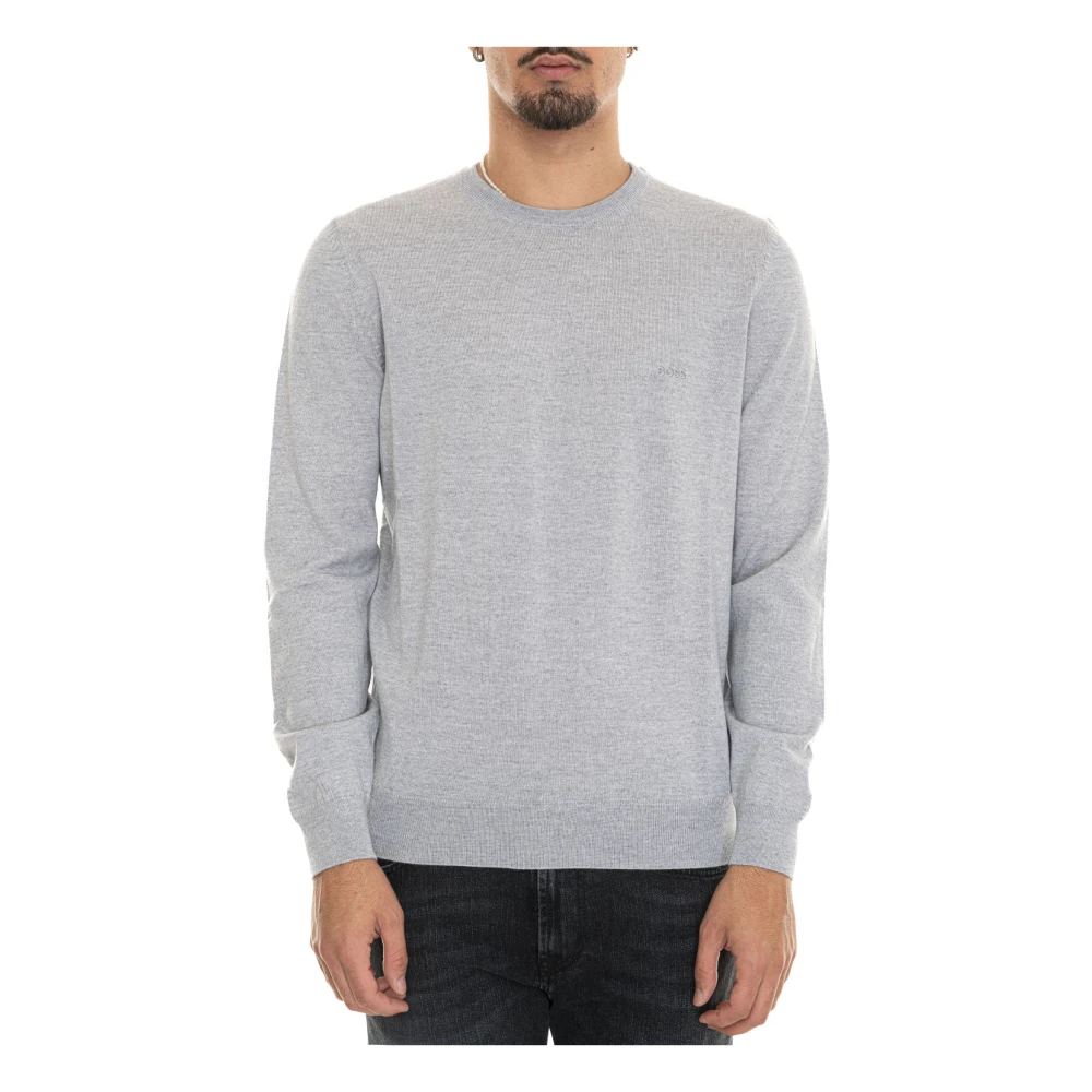 Boss Ronde-hals wollen trui met logo Gray Heren