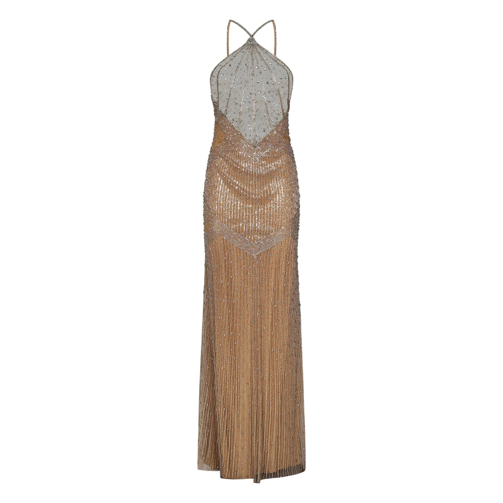 Amen Kristal Geborduurde Maxi Tule Jurk Beige Dames