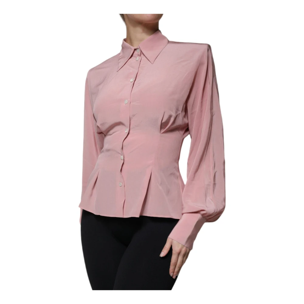 Dolce & Gabbana Zijden blouse met kraag en logodetails Pink Dames