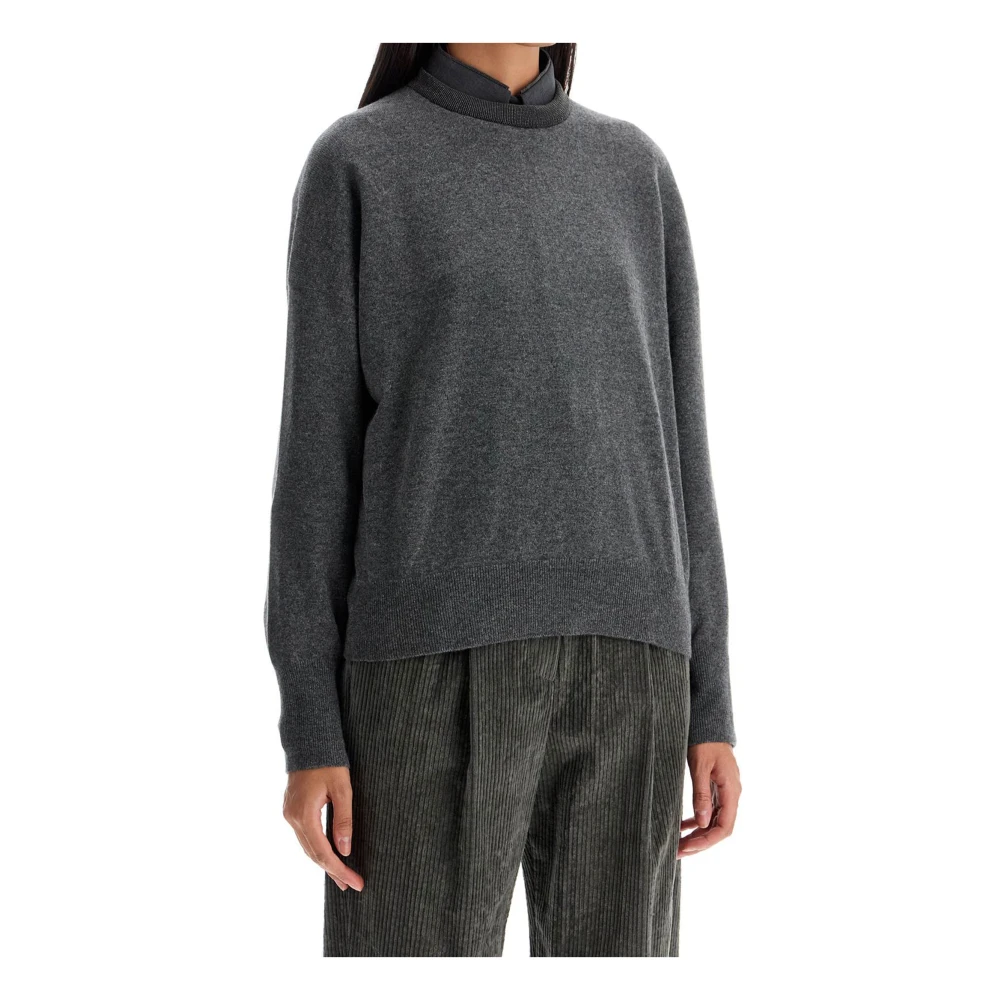 BRUNELLO CUCINELLI Grijze Cashmere Trui met Monile Borduurwerk Gray Dames
