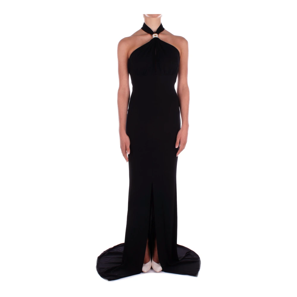 Elisabetta Franchi Rode Loper Zwarte Jurk met Dij-Hoge Split Black Dames