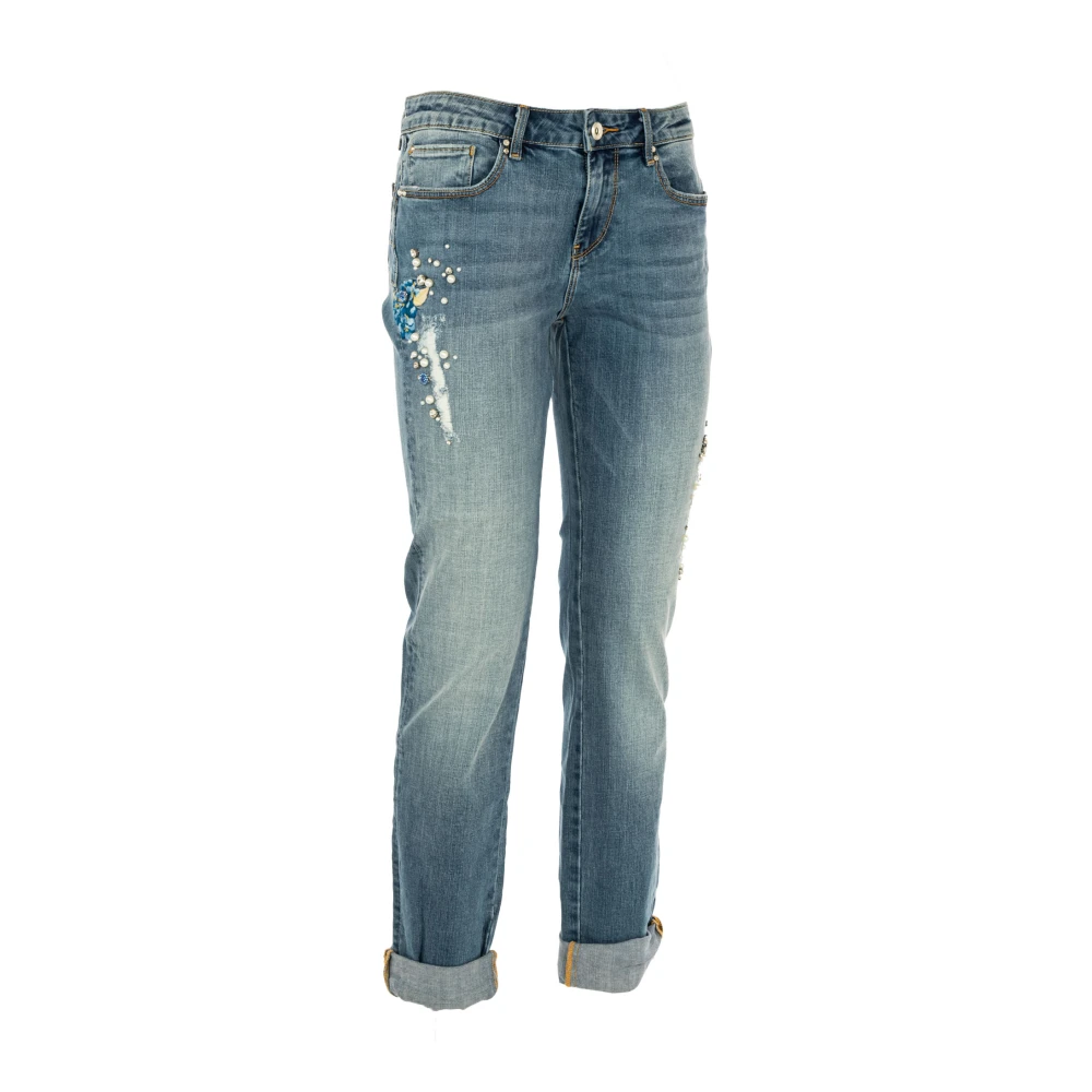 Fracomina Skinny Jeans met Bloemenborduursel en Fonkelende Inzetstukken Blue Dames