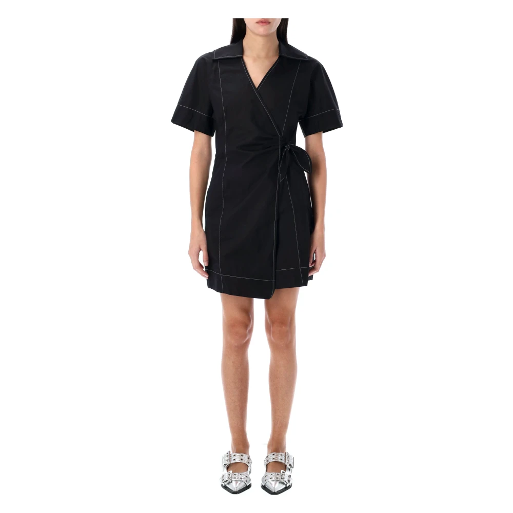 Ganni Wikkel Mini Jurk van Katoenen Popeline Black Dames