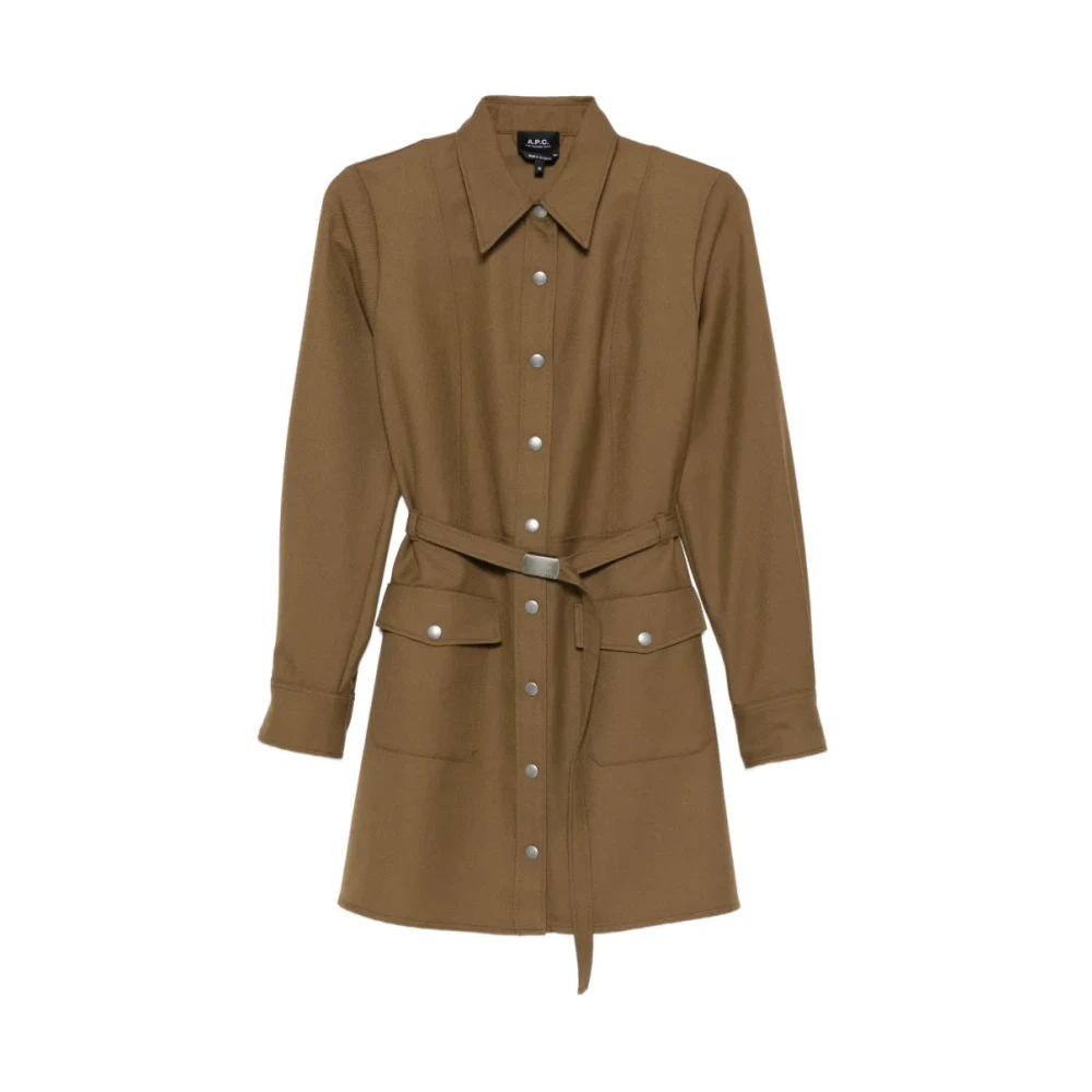 A.p.c. Women's Green Shirt Dresses, Xs, Belted Pocket Shirt