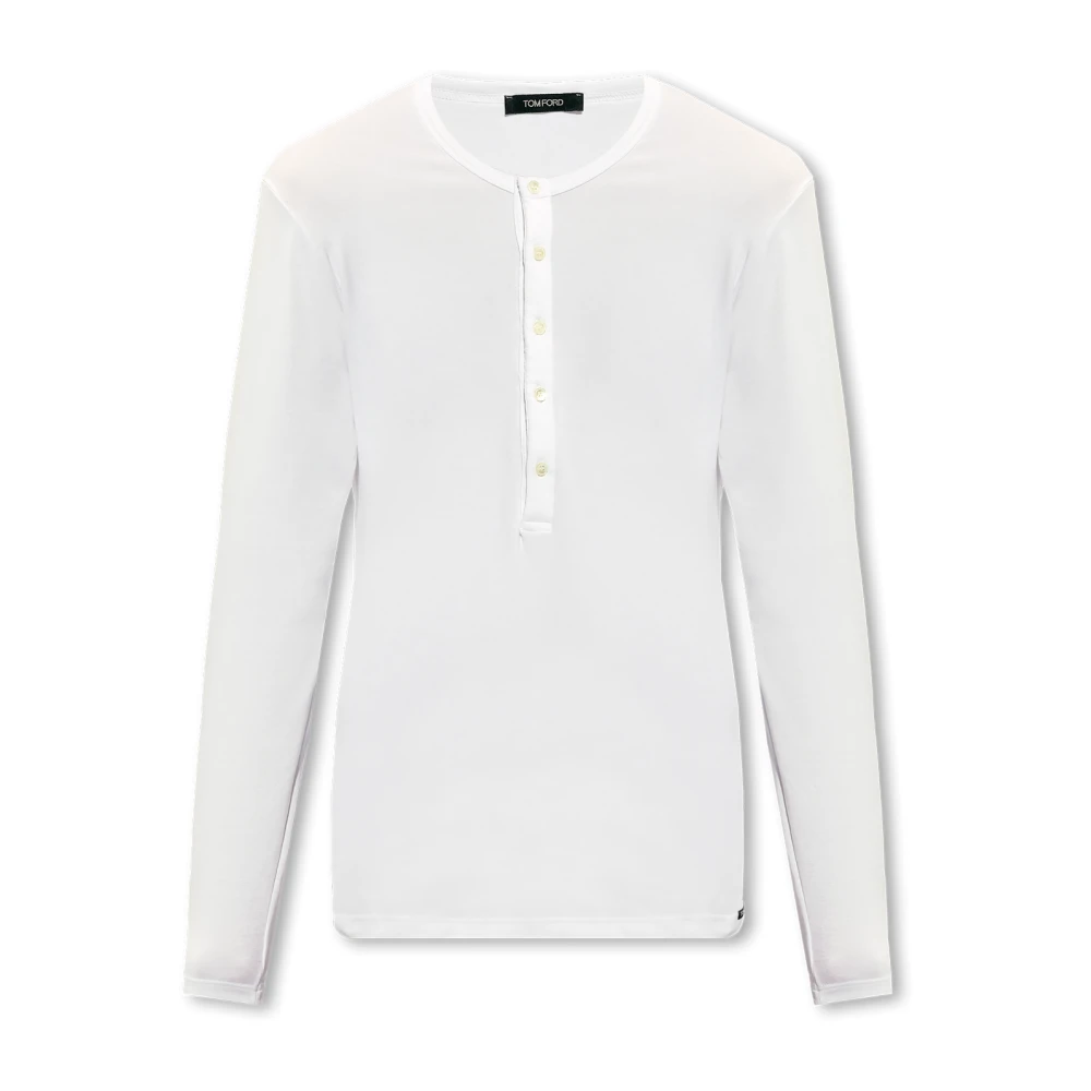 Tom Ford Men's White Long Sleeve T-Shirts, 2XL, Henley T-Shirt