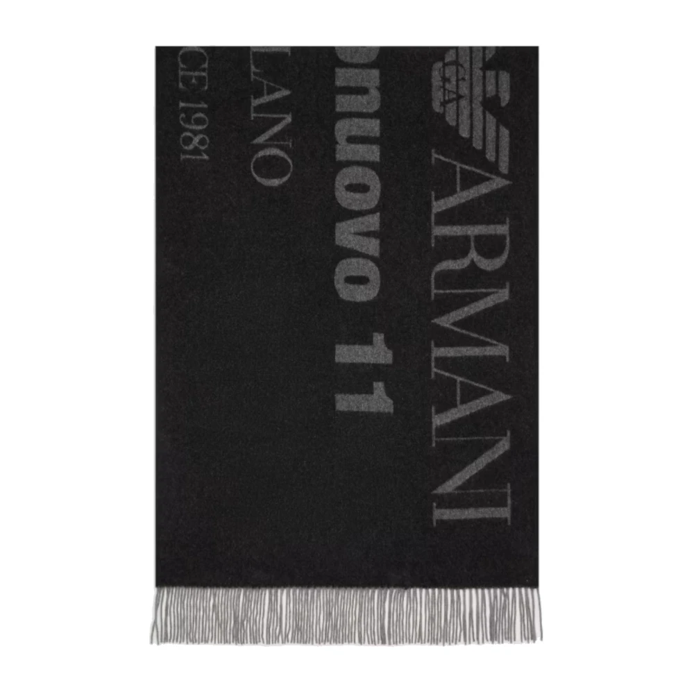 Emporio Armani Zwart dubbelzijdige wollen sjaal met jacquard logo Black Unisex