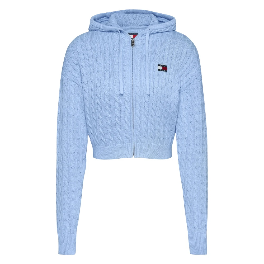 Tommy Jeans Blauwe Gebreide Hoodie Heritage Stijl Blue Dames