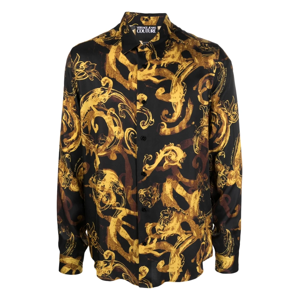 Versace Jeans Couture Zwarte Aquarelprint Korte Mouw Overhemd Multicolor Heren