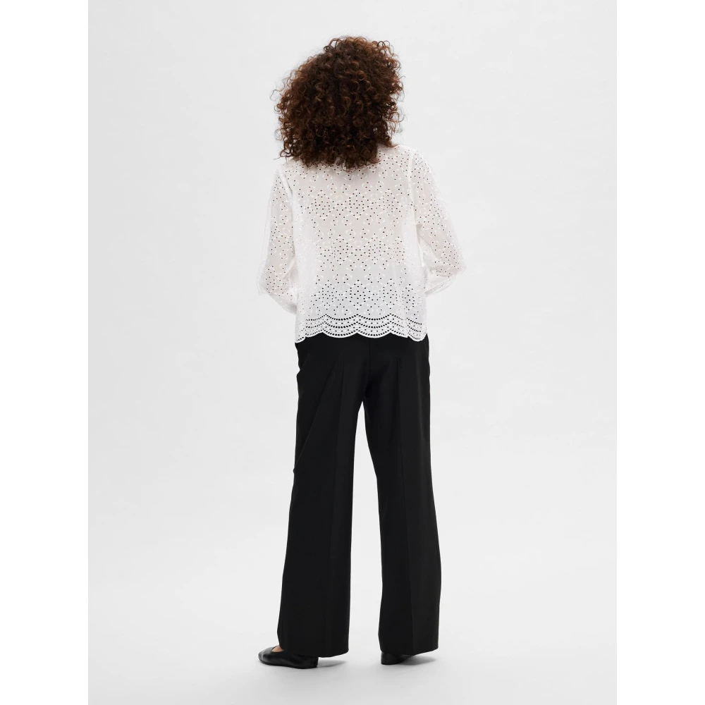 Selected Femme Geborduurde Katoenen Blouse met Geribbelde Kraag White Dames