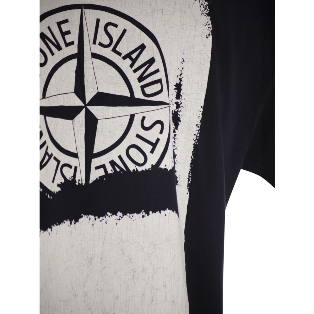 Stone Island Bedrukt katoenen T-shirt met geribbelde halslijn Blue Heren