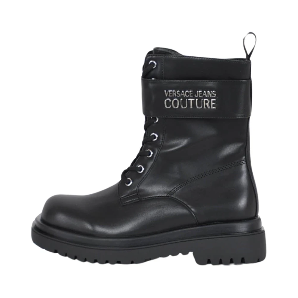 Versace Jeans Couture Damen Schwarz Cruelty-Free Lederstiefel Mit Logo-Plakette