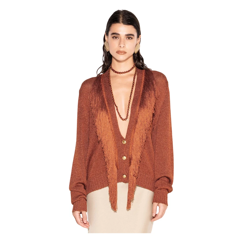 Akep Women's Orange Cardigans, M, Deep V-Neck Cardigan With Fringes