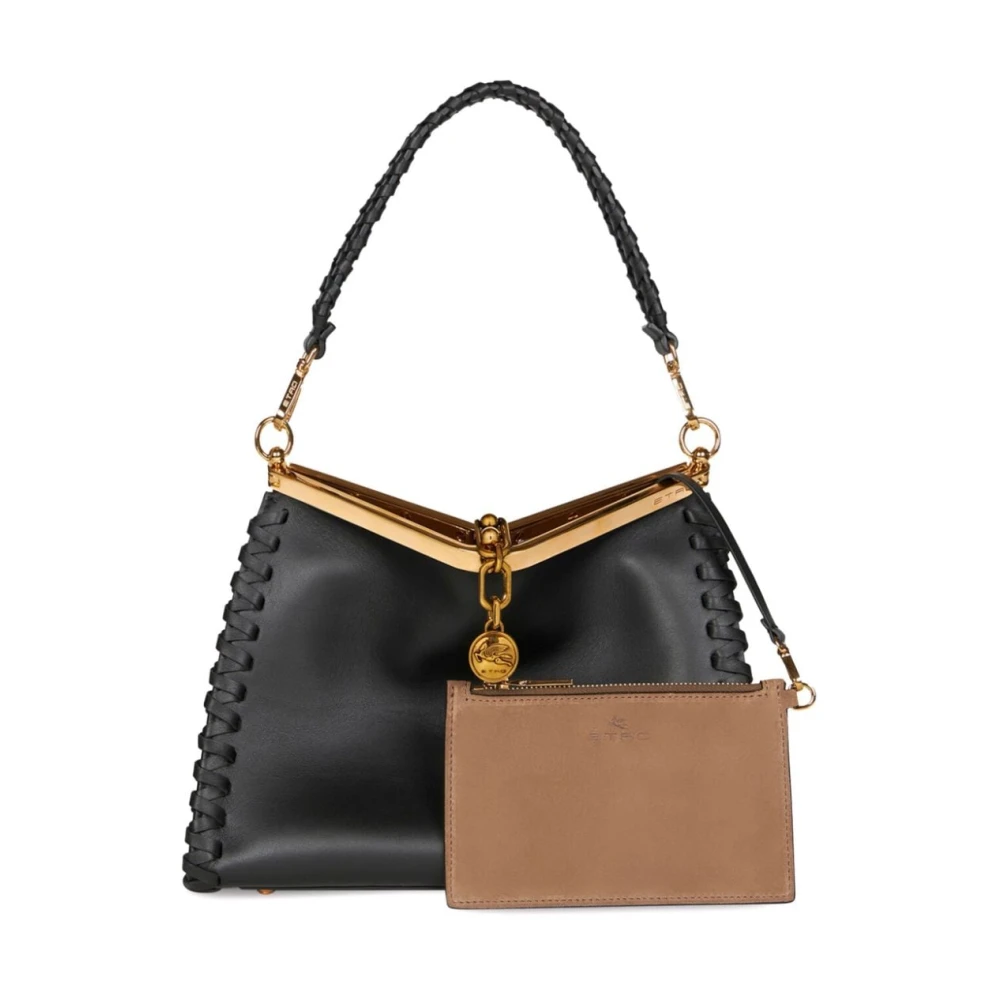 ETRO Zwarte Leren Schoudertas met Pegaso Motief Black Dames