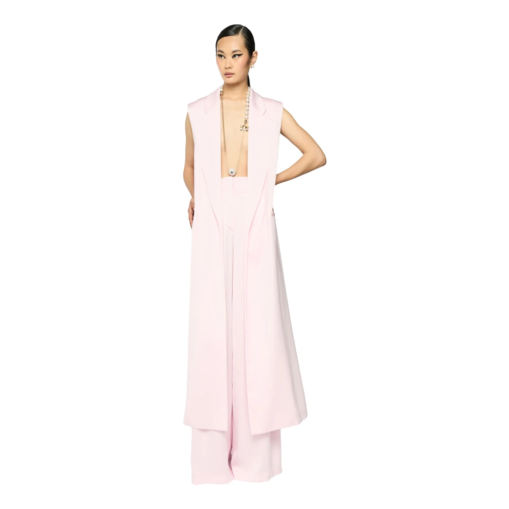 Genny Roze Mouwloze Revers Kraag Jas Pink Dames