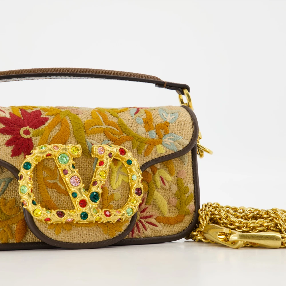Valentino Garavani Bloemen VLogo Geborduurde Zijden Leren Tas Beige Dames