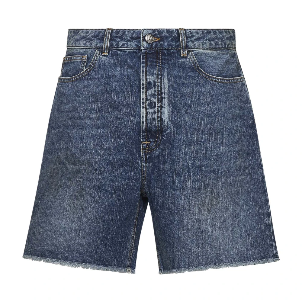 Palm Angels Blauwe Versleten Denim Shorts met Logo Blue Heren