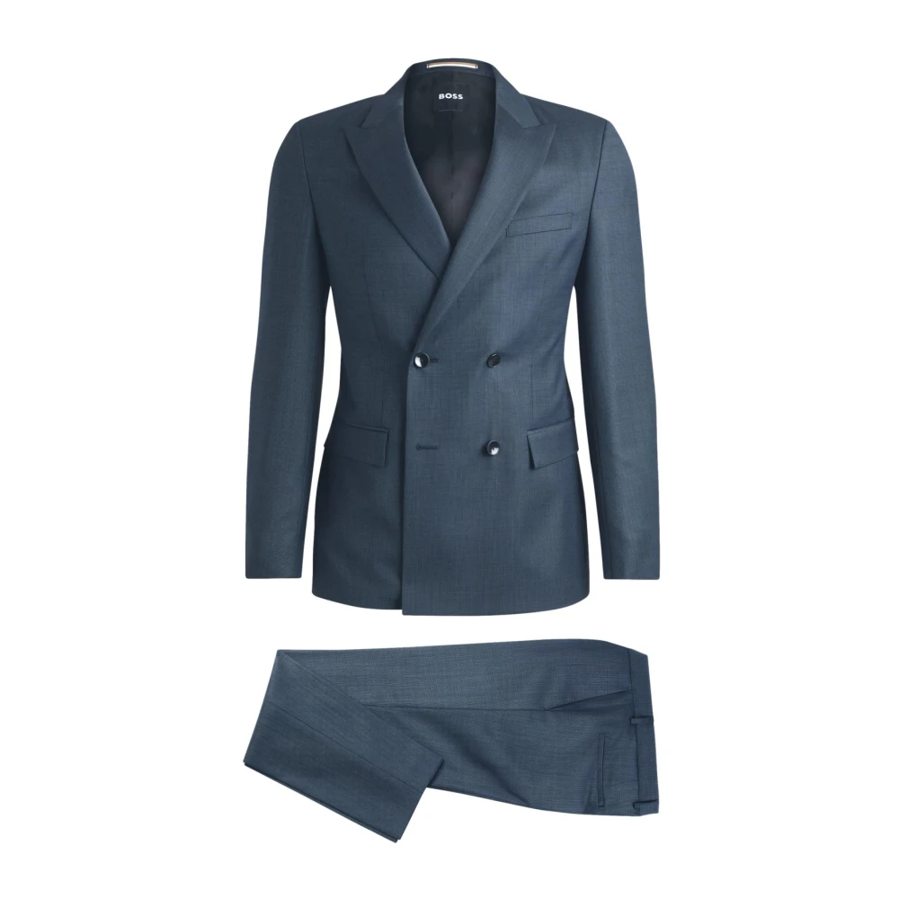 Hugo Boss Slim Fit Ull Dubbelknäppt Kostym Blå Blue, Herr