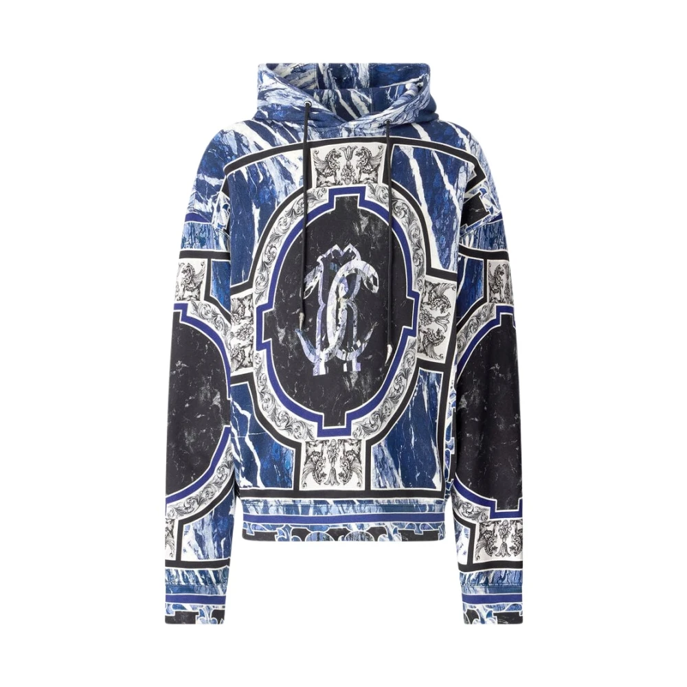 Roberto Cavalli Marble Print Hooded Sweatshirt With Embellishments - Male - Hoodies - Blue - L - Sweatshirts & Hoodies