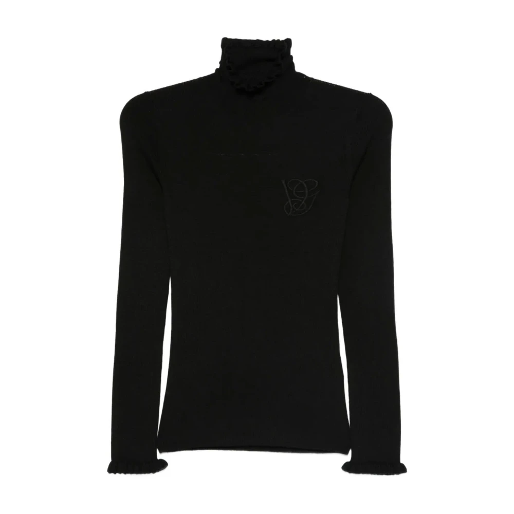 Valentino Garavani Black Turtleneck With Ruffles - Female - Turtlenecks - Xl - Knitwear