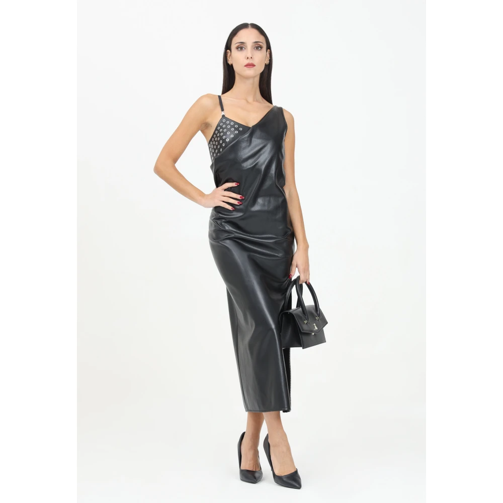 PATRIZIA PEPE Zwarte Asymmetrische Midi Jurk met Stud Detail Black Dames