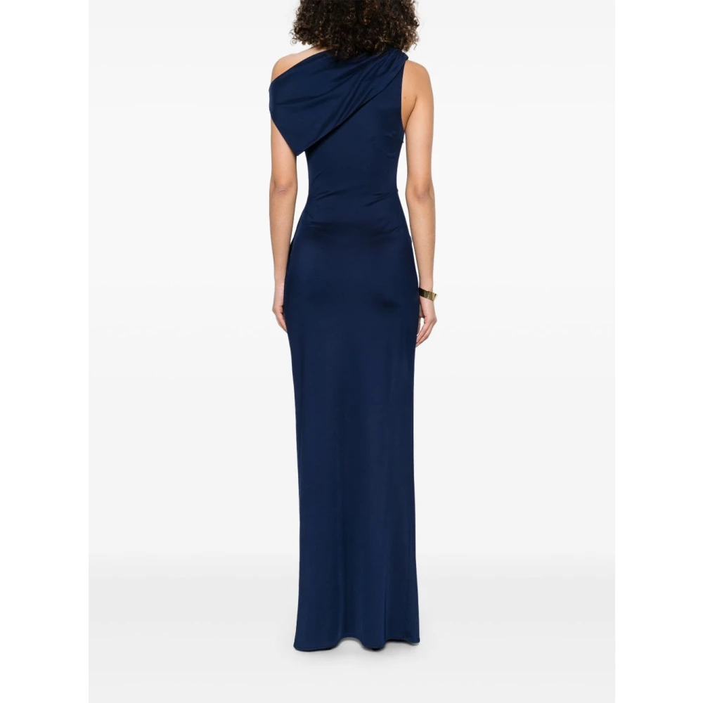 Elisabetta Franchi Navy Blauwe Gedrapeerde Jurk Met Zijsplit Blue Dames