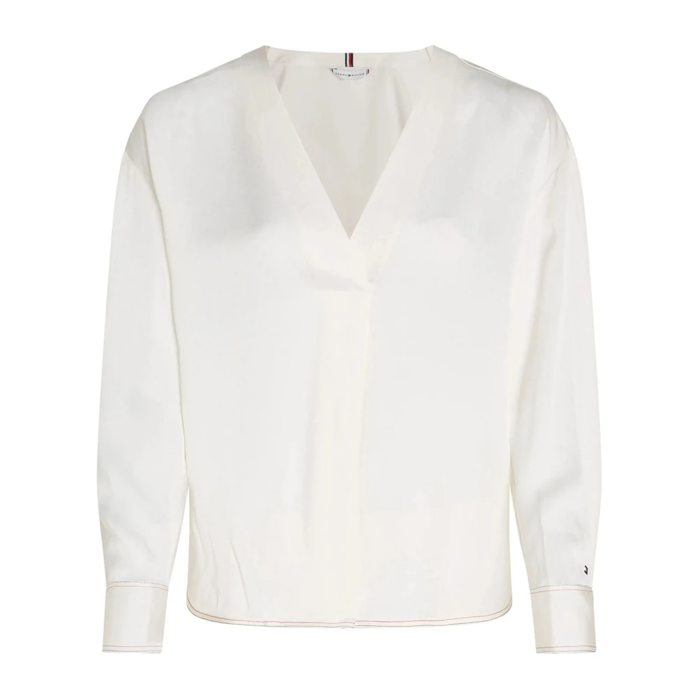 Tommy Hilfiger V-hals Viscose Blouse met Contrastbies White Dames