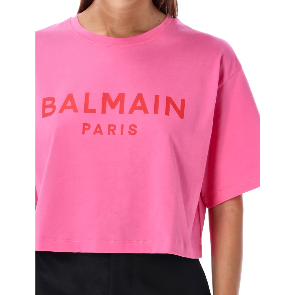 Balmain Cropped Logo T-Shirt Fucsia Rose Pink Dames