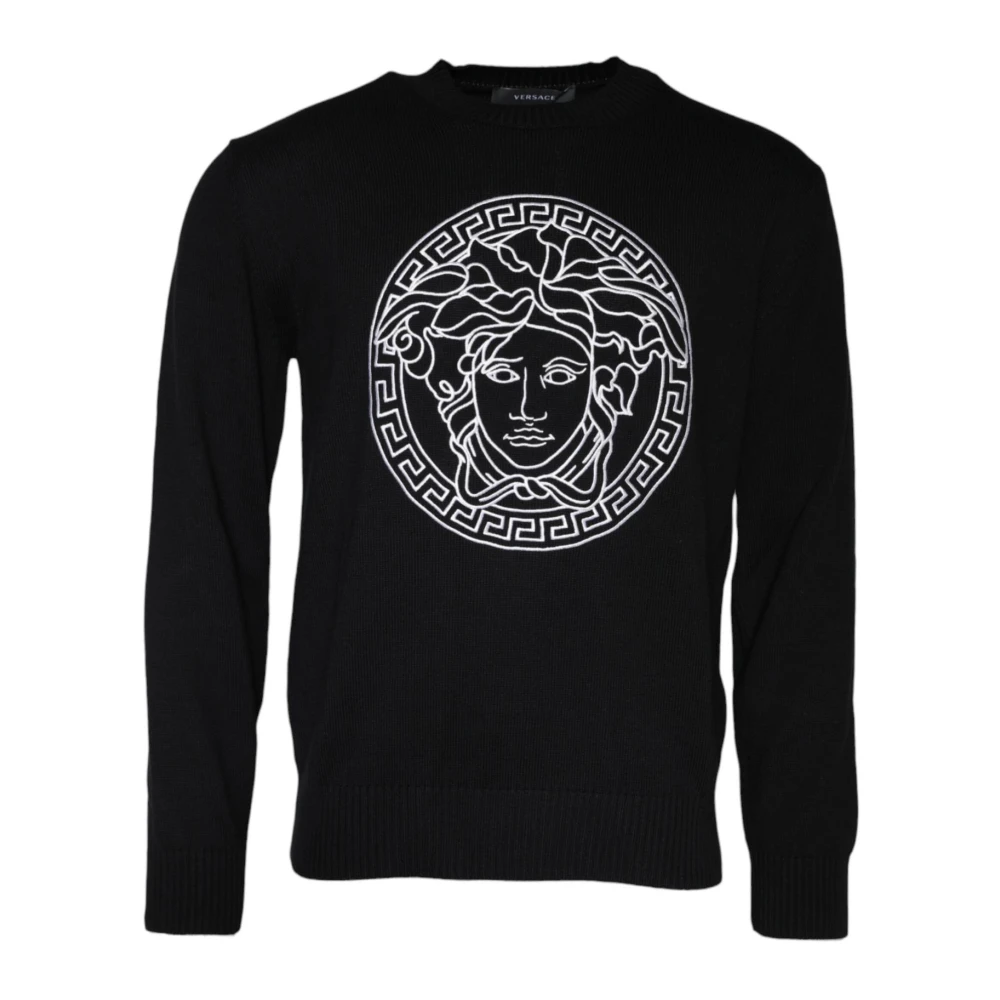 Versace Men's Black Embroidered Crew Neck Cotton Jumper