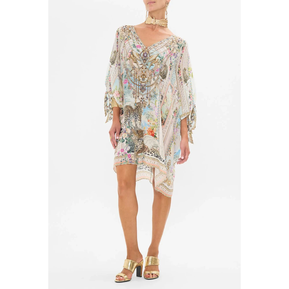 Camilla Luipaardprint Zijden Kaftan met Strikmouwen Beige Dames