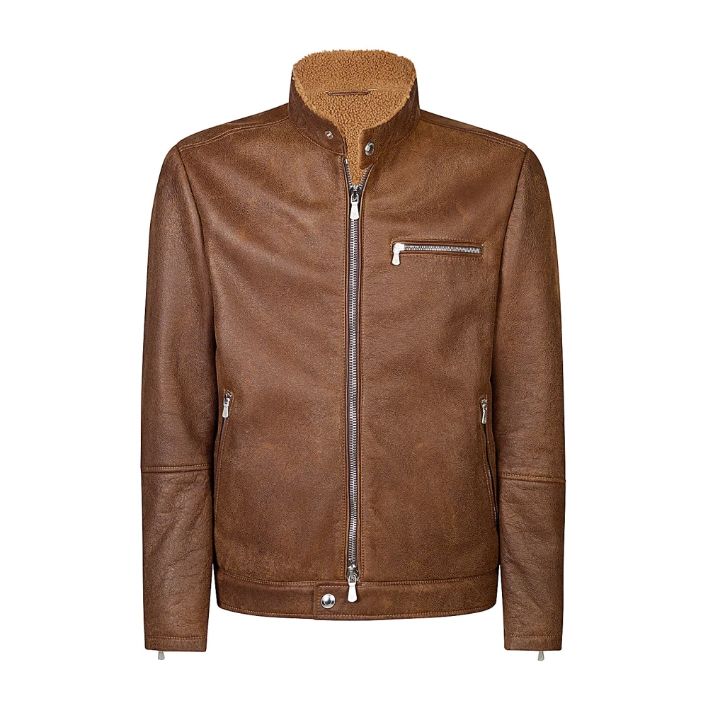 Eleventy Men's Brown Light Jackets, L, Shearling Biker Jacket