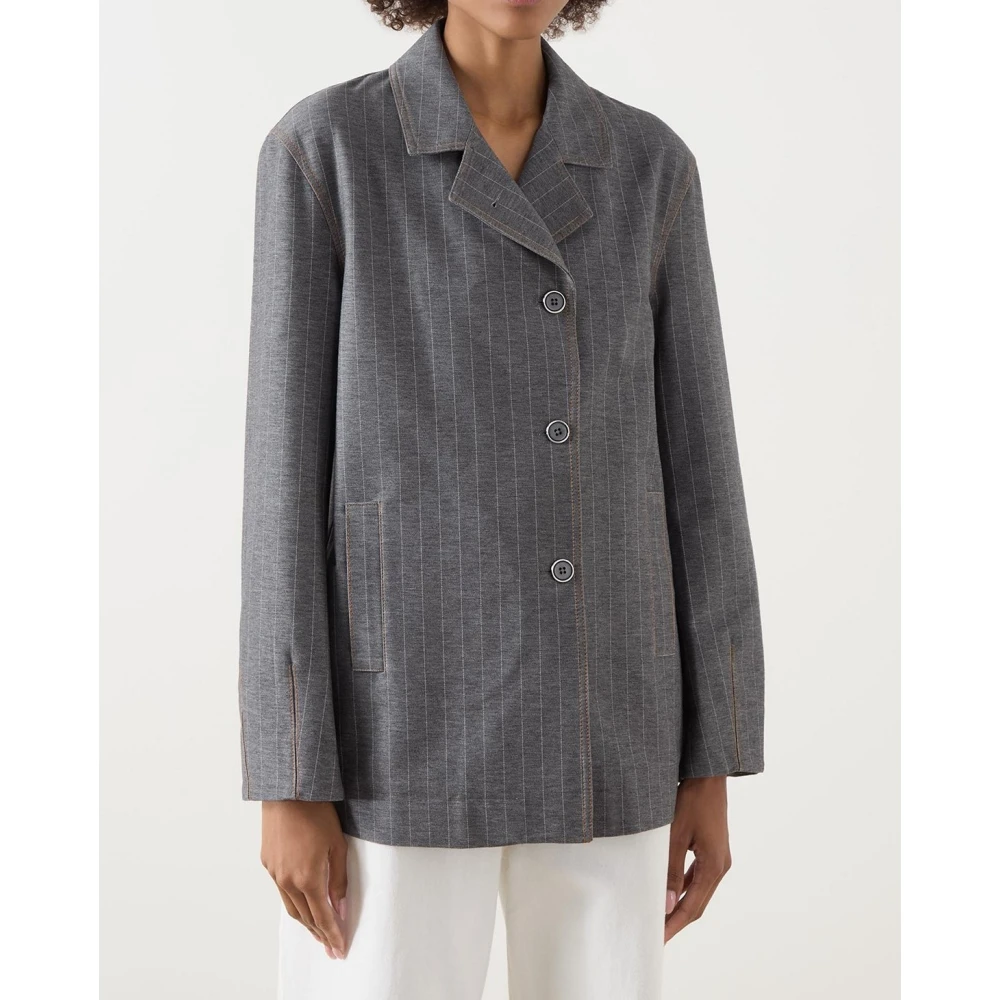 Max Mara Grijze Gestreepte Jas met Decoratieve Randen Gray Dames