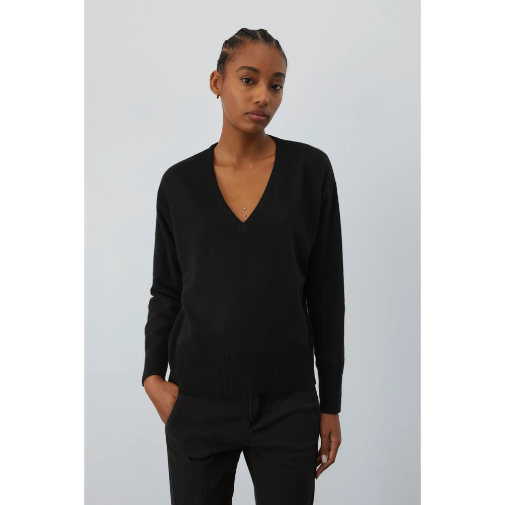 Roy Roger's Zwarte Sweaters met V-Hals en Ribboorden Black Dames