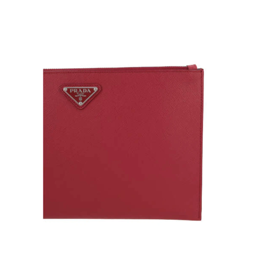 Prada Rode Saffiano Leren Clutch met Zilveren Hardware en Afneembare Polsband Red Heren