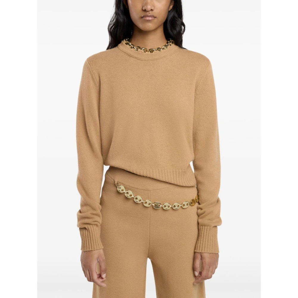 Paco Rabanne Kameel Kasjmier Trui Ronde Hals Ketting Detail Brown Dames