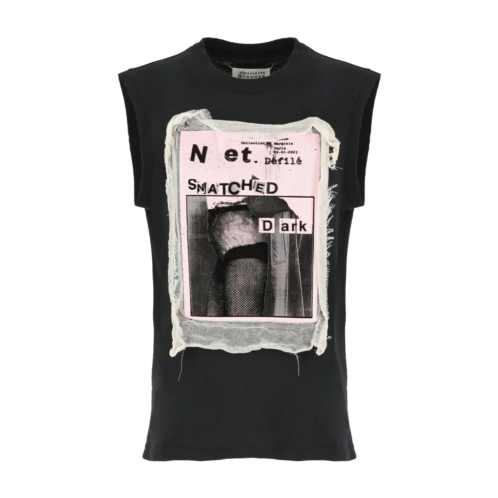 Maison Margiela Zwarte Mouwloze Katoenen T-shirt met Contrasterende Print Black Dames