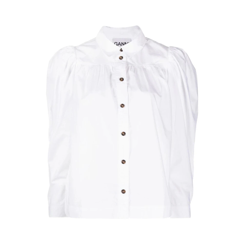 Poplin Button Down Puff Sleeve Skjorte