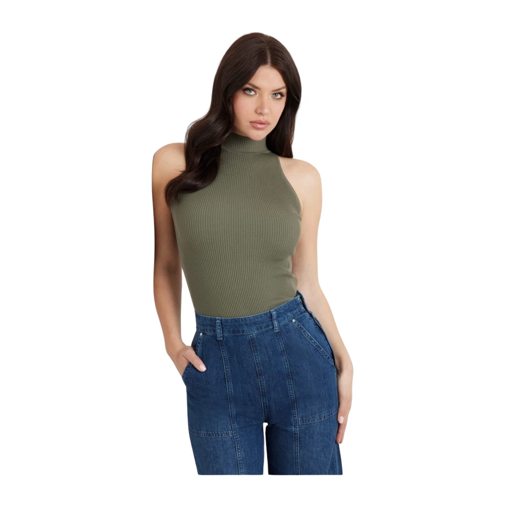 Guess Ribbed Top Groen Aansluitend Hoge Hals Green Dames