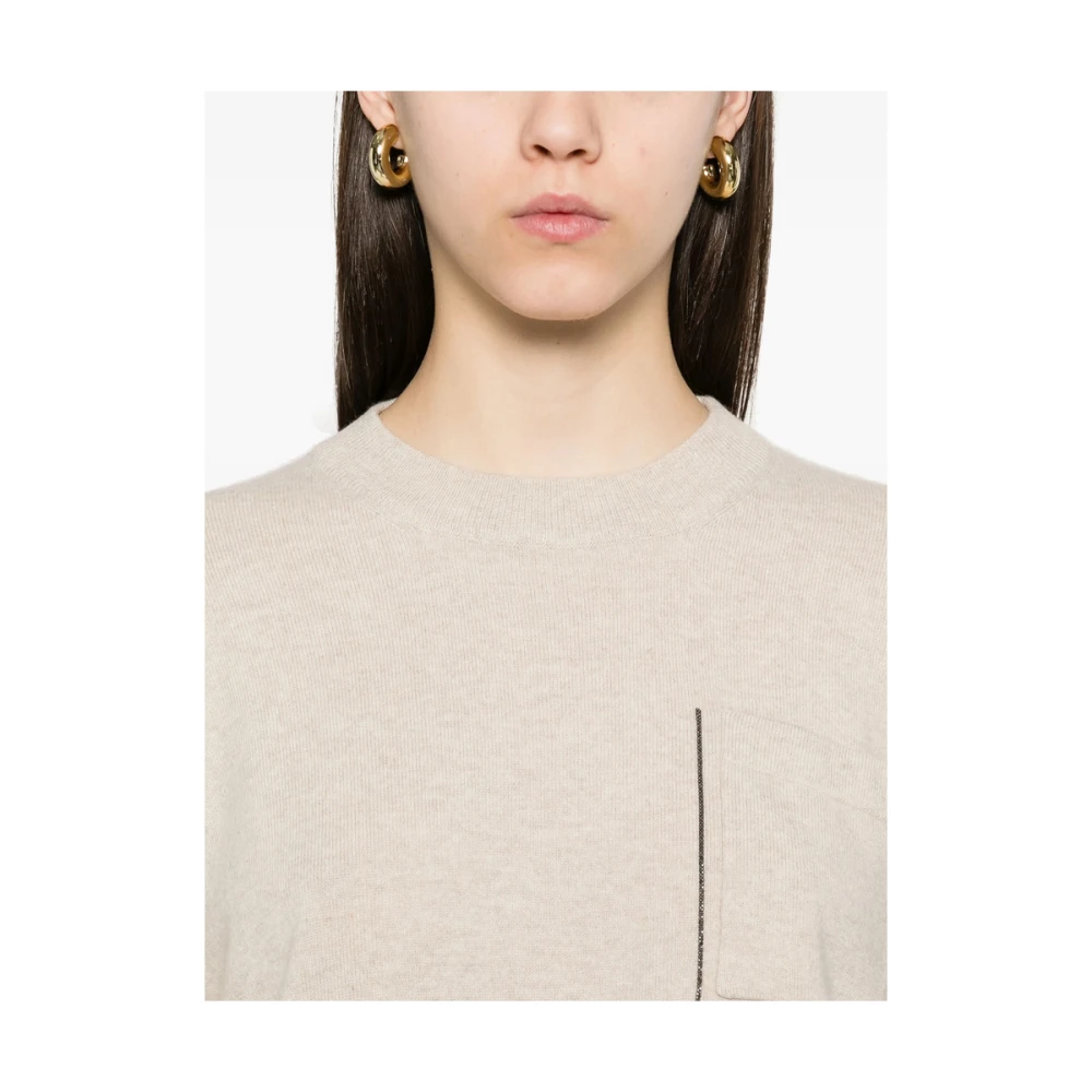 BRUNELLO CUCINELLI Beige Crew Neck Sweater met Zak Beige Dames