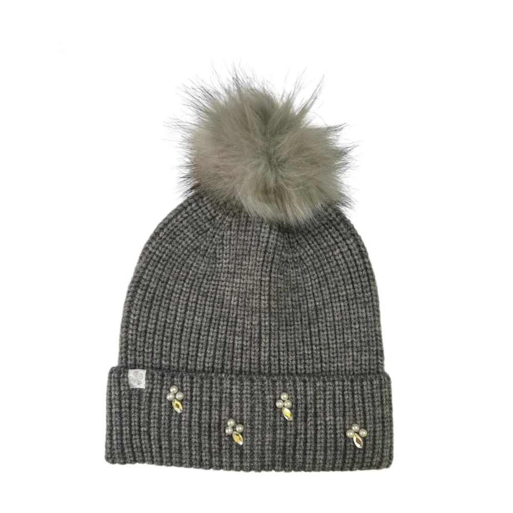 Molly Bracken Geribbelde acryl muts met nepbont pompon Gray Dames